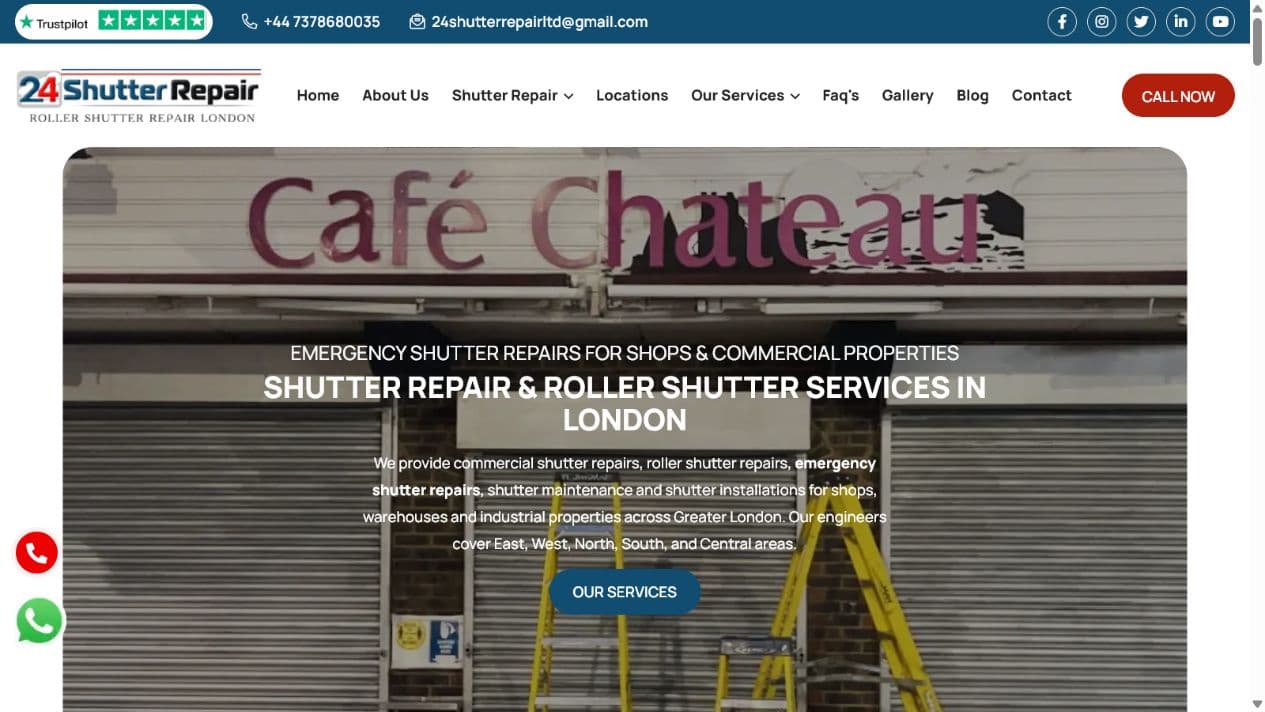 24 Shutter Repair website promoting emergency roller shutter repair services across Greater London