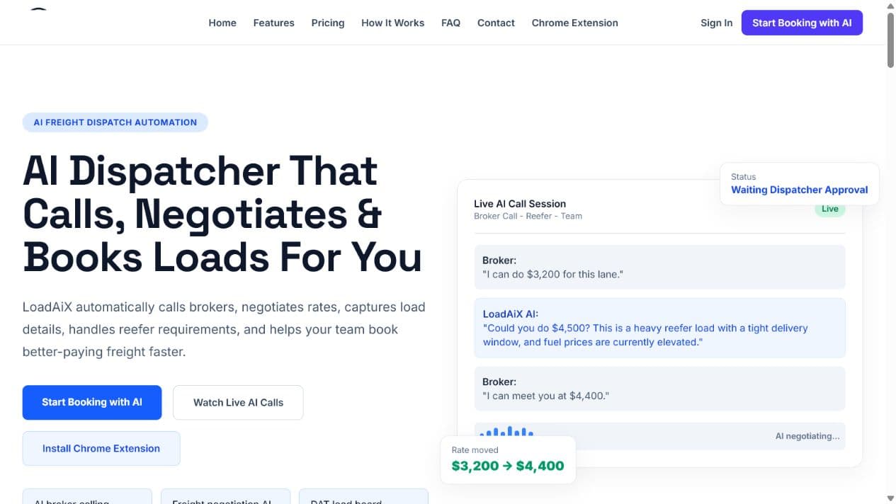 LoadAiX website explaining an AI dispatcher workflow for carriers, dispatchers and trucking teams
