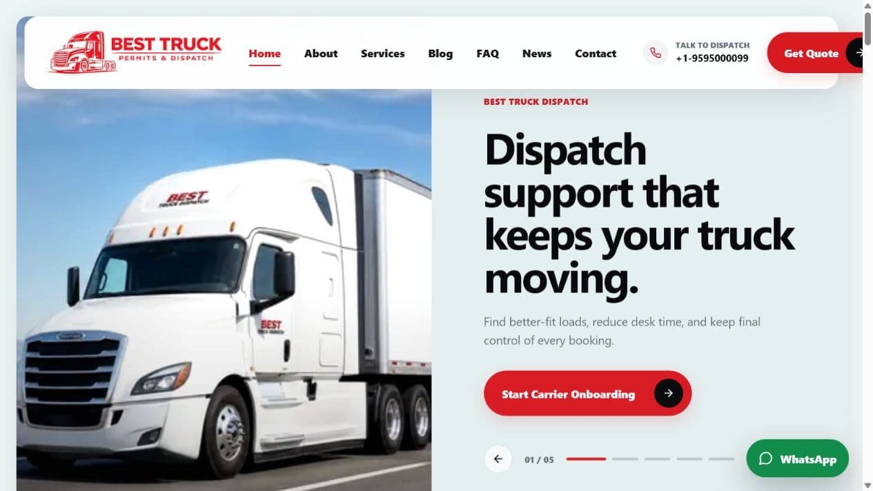 Best Truck Dispatch homepage presenting dispatch support for owner-operators and trucking companies